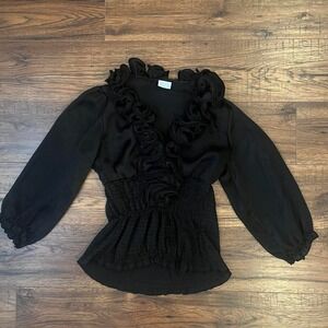 Vintage Y2K Suzy Shier Black Rose Ruffle Blouse Women‎ XS Goth Whimsygoth Indie